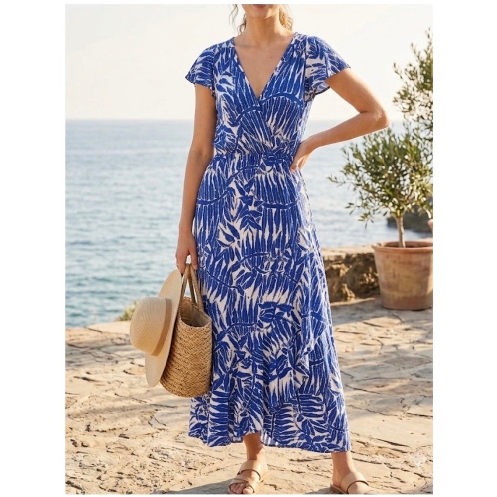 Kindred Blue Tropical Palm Print Ruffle High Low Maxi Dress Small
